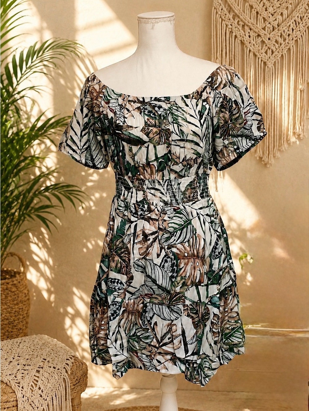 Studio West Green and Brown Leaf Print Midi Dress